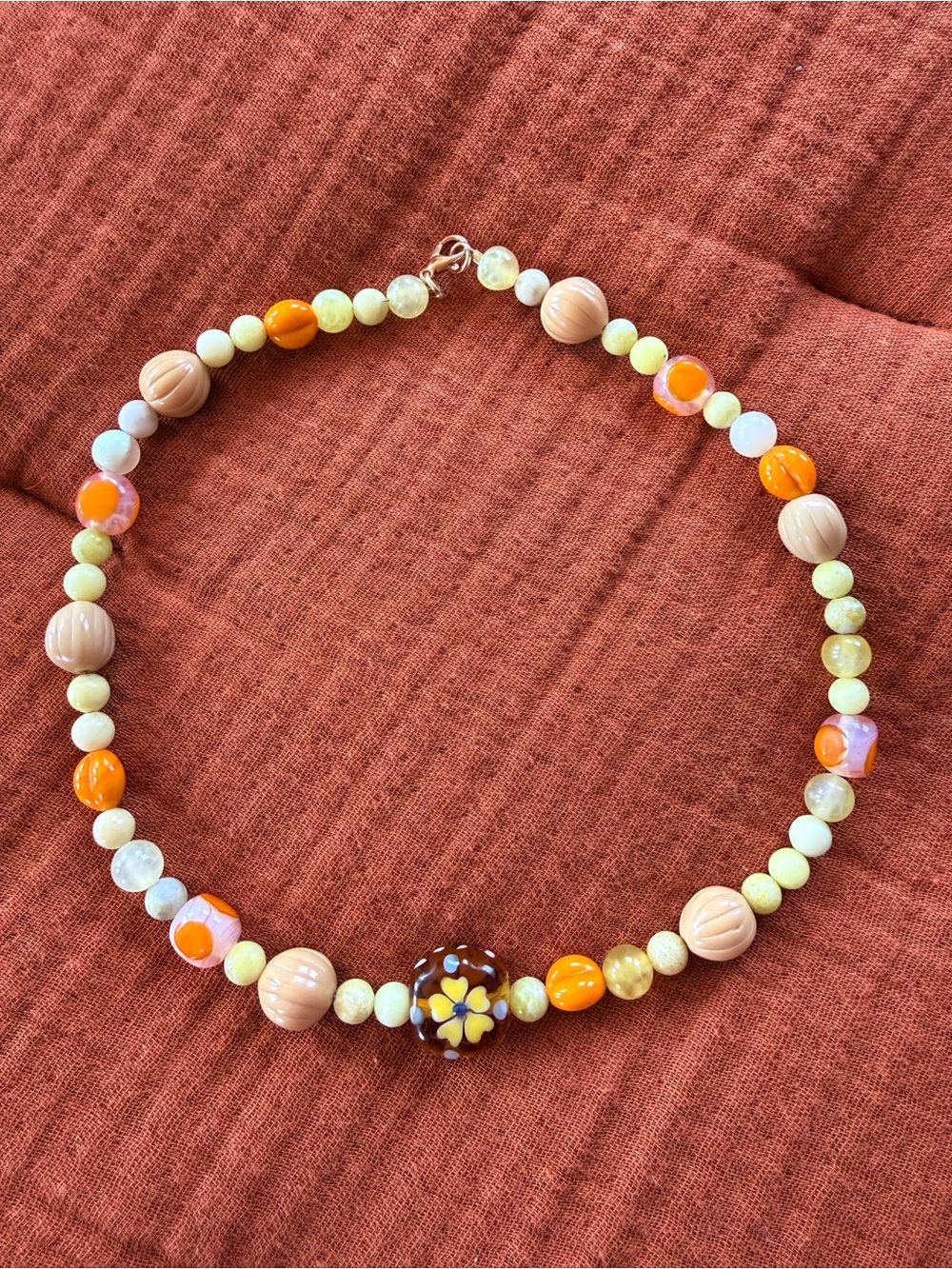 Vintage inspire Handmade Yellow & Orange Glass Beaded Women's Necklace 70s